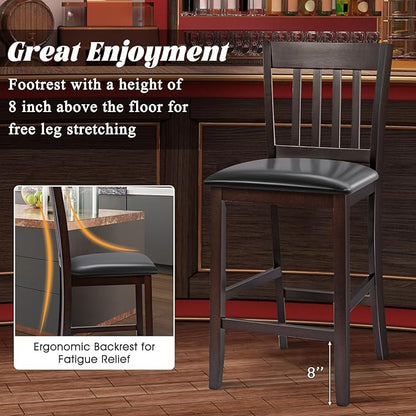 COSTWAY Counter Height Bar Stools Set of 4, 25'' Wooden Pub Chairs with PU Leather Seat, Mid Century Modern Upholstered Island Chairs for Kitchen, Living Room, Dining Room, Bar