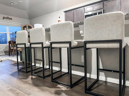 ALPHA HOME 24 Inch Bar Stools, Kitchen Counter Stools with Backs, PU Leather Barstools, Kitchen Stools with Back&Upholstered Footrest, Sturdy Chromed Metal Steel Frame, Light Gray