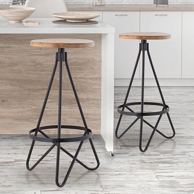 JONATHAN Y BSL1000E Spiroa 30" Modern Industrial Metal/Wood Backless Circular Bar Stool for Home, Kitchen, Dining Room, Workspaces, Cafes and Resturants, Natural Wood Seat with Black Frame