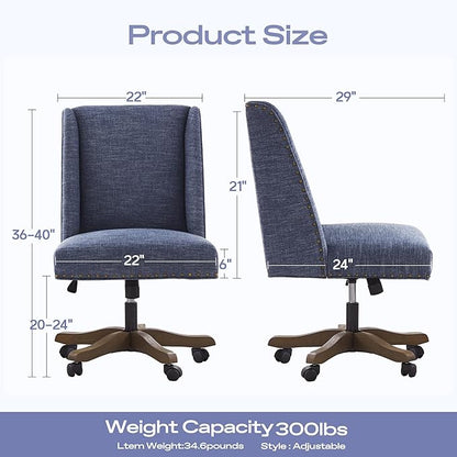 Armless Home Office Chair with Wooden Legs, Modern Adjustable Upholstered Office Desk Chair No Arms Computer Chair Swivel Chair for Home Office Study Studio (Blue)