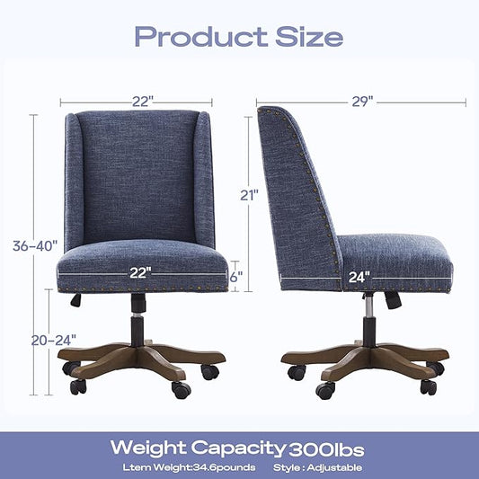 Armless Home Office Chair with Wooden Legs, Modern Adjustable Upholstered Office Desk Chair No Arms Computer Chair Swivel Chair for Home Office Study Studio (Blue)