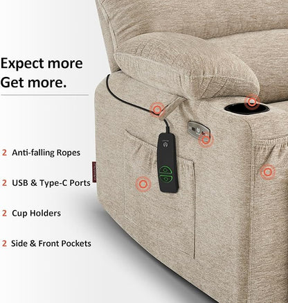 MCombo Oversized Power Lift Recliner Chair for Elderly, Lift Chair with Heat and Massage, Lift Recliner for Big and Tall, Cup Holders, USB & Type C Ports, Fabric R7092 (Beige, Oversize)