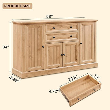 Farmhouse 58" Buffet Cabinet with Storage, 34" Tall Sideboard Cabinet w/2 Large Drawers & 4 Grooved Barn Doors, Wood Rustic Sideboard for Dinning Room, Kitchen, Living Room,Natural
