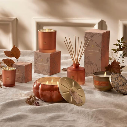 Thymes Scented Candles for Home Decor - Luxury Home Fragrance Gifts for Women & Men - Fall Candles with Creamy Pumpkin, Nutmeg, & Cinnamon - Burnt Orange Votive (Pumpkin Laurel, 2 oz)