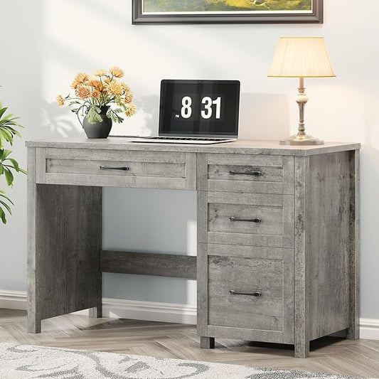 Farmhouse 47" Executive Desk, Computer Desk with File Drawer and Charging Station, Workstation for Home Office, Study（Grey）.