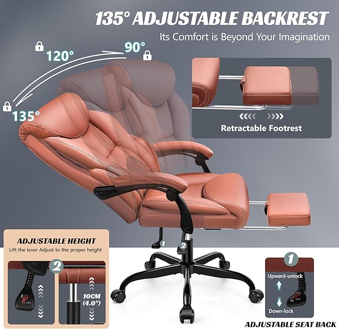 Office Chair, Executive Leather Chair Big and Tall Ergonomic Computer Desk Chair, Comfy Swivel Rolling Reclining Lumbar Support Task Chair with Adjustable High Back Foot Rest for Home Gaming