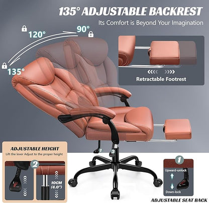 Office Chair, Executive Leather Chair Big and Tall Ergonomic Computer Desk Chair, Comfy Swivel Rolling Reclining Lumbar Support Task Chair with Adjustable High Back Foot Rest for Home Gaming