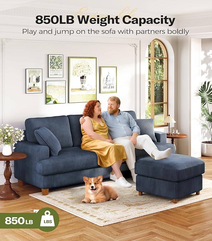 Kidirect 87in Corduroy Couch, Sofa No Tool Assembly, Comfy Couches for Living Room 21in Deeper Seats, Corduroy Sofas for Living Room with 2 Pillows, Oversized Loveseat Sofa, Boho Love Seat Blue Couch