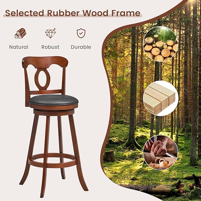 COSTWAY Bar Stools Set of 2, 30 Inch Swivel Bar Height Chairs with Ergonomic Back & Footrest, Vintage Wooden Barstool Set for Kitchen Island, Pub, Bistro, Café, Espresso (2, 30 Inch)