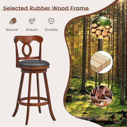 COSTWAY Bar Stools Set of 2, 30 Inch Swivel Bar Height Chairs with Ergonomic Back & Footrest, Vintage Wooden Barstool Set for Kitchen Island, Pub, Bistro, Café, Espresso (2, 30 Inch)