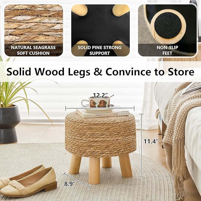 Round Ottoman Natural Seagrass Footstool, Round Footstool with 4 Wood Legs, Hand Woven Round Footstool Sofa Stool, Multifunctional Modern Dressing Stool, Sofa Side Table for Bedroom (Nature)