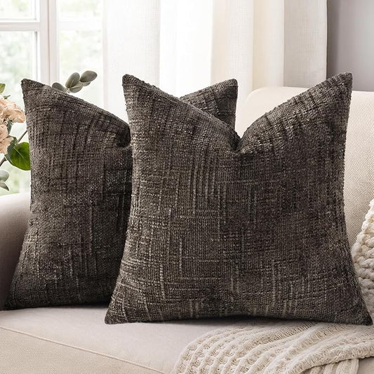 decorUhome Dark Brown Chenille Throw Pillow Covers 20x20 Set of 2 Thick Textured Slubby Couch Pillow Covers Farmhouse Accent Modern Neutral Decorative Pillow Cases for Bed Sofa Living Room