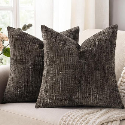 decorUhome Dark Brown Chenille Throw Pillow Covers 16x16 Set of 2 Thick Textured Slubby Couch Pillow Covers Farmhouse Accent Modern Neutral Decorative Pillow Cases for Bed Sofa Living Room