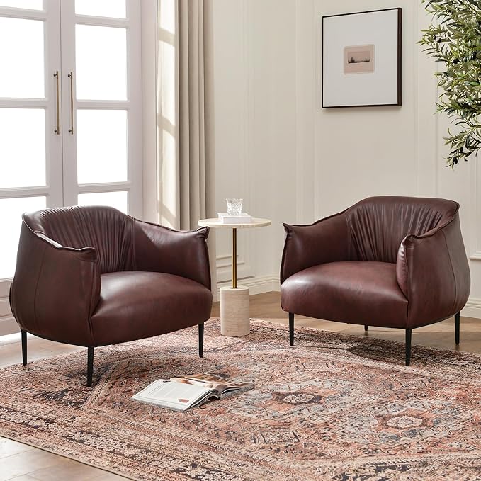 KINWELL 33" W Faux Leather Barrel Chairs Set of 2 with Hand-Tufted Pleated Back Flared Arms, Modern PU Upholstered Accent Chairs with Metal Legs, Large Armchairs Lounge Chairs for Living Room, Red