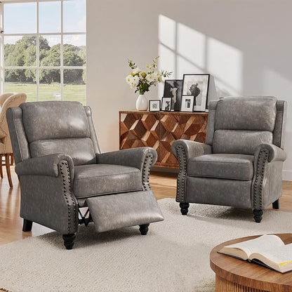 Lumibee Pushback Recliner Chair,Upholstered Wingback Chair for Small Spaces,2 Set of PU Leather Armchair for Living Room,Single Sofa Accent Chair Reading Seat for Balcony,Bedroom-Gray