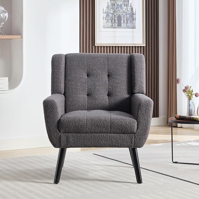 Dolonm Midcentury Modern Teddy Accent Chair with Arms, Upholstered Reading Side Chair Tufted Back Decorative Wingback Chair for Living Room Bedroom (Grey)
