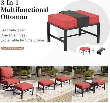 7 Piece Metal Outdoor Patio Furniture Set, Patio Conversation Sets 3-Seater Sofa, 2 Rocking Chair, 2 Ottomans with 5.75" Thick Cushion, Black All-Weather Frame Backyard Furniture, Red