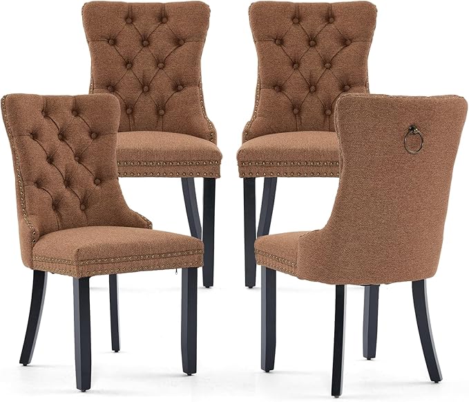 Linen Upholstered Dining Chairs Set of 4, Modern Style Kitchen Side Chairs with Nailhead Trim and Wood Leg, Metal Pulling Ring for Dining Room Living Room(Coffee,Set of 4)