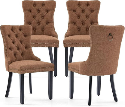Linen Upholstered Dining Chairs Set of 4, Modern Style Kitchen Side Chairs with Nailhead Trim and Wood Leg, Metal Pulling Ring for Dining Room Living Room(Coffee,Set of 4)