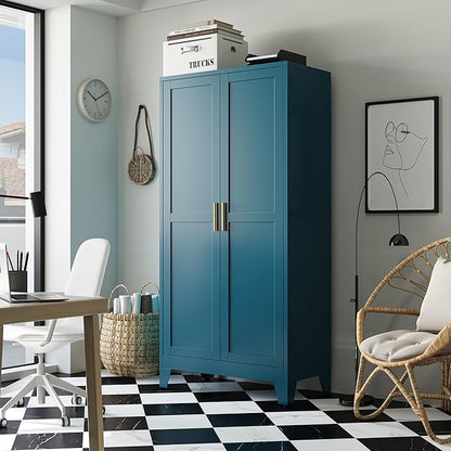 Bathroom Storage Cabinet Freestanding, 61" Tall Metal Cabinets with Doors and Shelves, Blue Metal Pantry Cabinet for Kitchen, Living Room, Home Office