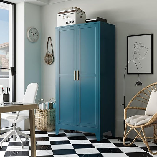 Bathroom Storage Cabinet Freestanding, 61" Tall Metal Cabinets with Doors and Shelves, Blue Metal Pantry Cabinet for Kitchen, Living Room, Home Office
