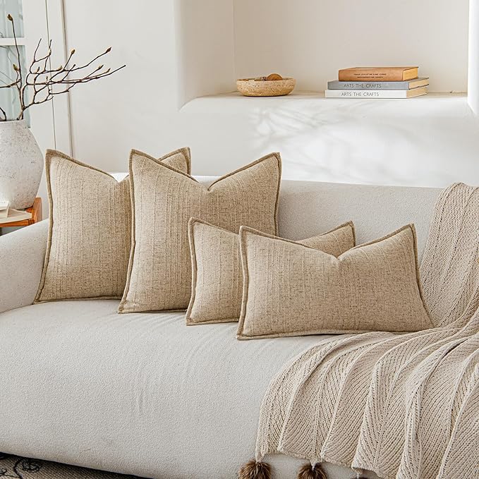 a moment Linen Pillow Covers Set of 2,Boho Farmhouse Throw Pillowcases Neutral Textured Decorative Covers for Couch Sofa Bed, Soft Linen Blend Accent Case Cushion Living Room Home Decor 20"x20"Khaki