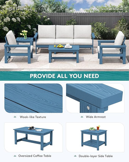 SERWALL HDPE Patio Furniture Set, 7-Piece Outdoor Sectional Sofa Set, All Weather Outdoor Couch Set for Deck, Lawn, Blue Frame with Khaki Cushion