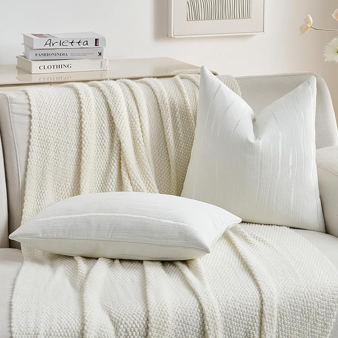 FUTEI White Chenille Decorative Throw Pillow Covers 18x18 Inch Set of 2,Soft Embossed Striped Textured Cushion Case,Modern Home Decor for Couch Bed Living Room