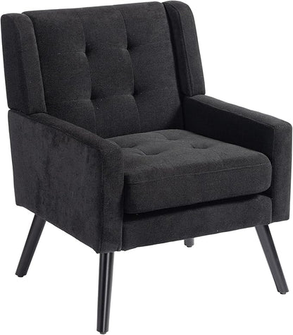 Mid-Century Modern Accent Chair, Plush Linen Fabric with Button Tufted High Back & 5" Thick Cushion, High Comfort Reading Chair for Living Room, Bedroom, Office (Black)