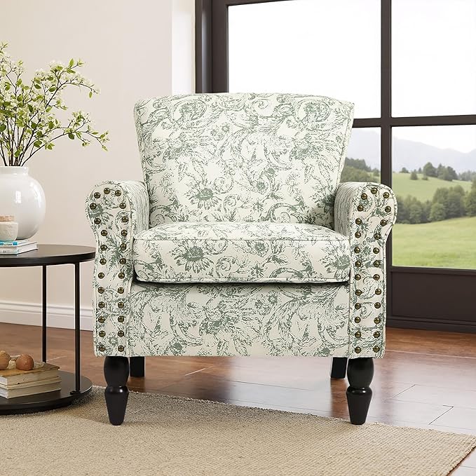 Accent Chair, Upholstered High Back Floral Armchair with Nailhead Trim & Wood Legs, Comfy Wingback Reading Single Sofa Chair for Small Spaces, Living Room, Bedroom (Rococo Green, Set of 1)