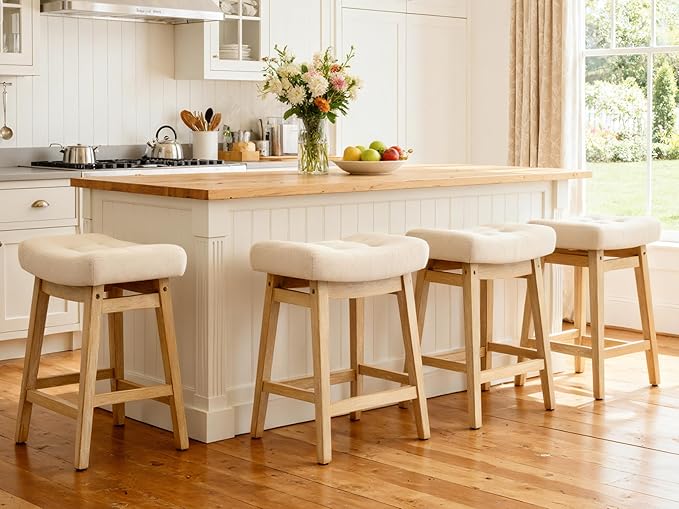 Counter Height Bar Stools Set of 4 for Kitchen Counter Farmhouse Modern Barstools with Upholstered Fabric Backless Seat and Solid Wood Legs 24 inch Bar Chairs, Khaki + Wood Color
