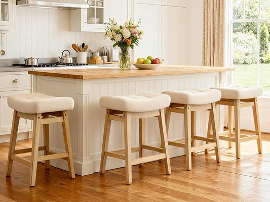 Counter Height Bar Stools Set of 4 for Kitchen Counter Farmhouse Modern Barstools with Upholstered Fabric Backless Seat and Solid Wood Legs 24 inch Bar Chairs, Khaki + Wood Color