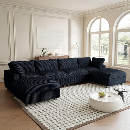 Modular Sectional Sofa, Convertible U Shaped Sofa with Chaise Ottoman, Deep Seat Cloud Sectional Couch, 6 Seat Comfy Modular Couch for Living Room, Office, Apartment, Black