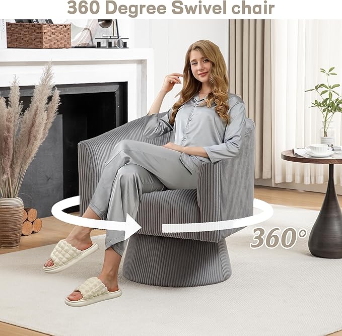 Swivel Accent Chair, Modern 360° Swivel Barrel Chair, Corduroy Upholstered Single Sofa for Living Room, Bedroom(Gray)