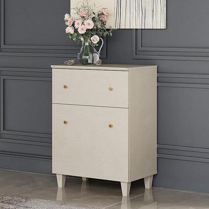 WAMPAT Storage Cabinet for Living Room, 32.4" H Freestanding Wood Accent Cabinets Floor Cupboard with Drawer, Door, and Adjustable Shelf for Dining Room, Kitchen, Entryway, Beige Linen Texture Finish
