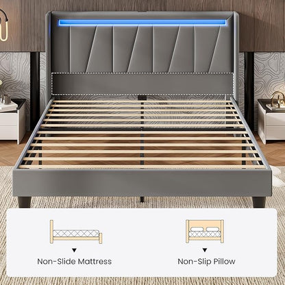 SHA CERLIN Full Size Bed Frame with Charging Station and LED Lights, Modern Velvet Platform Bed with Upholstered Geometric Wingback Headboard, No Box Spring Needed, Easy Assembly, Grey
