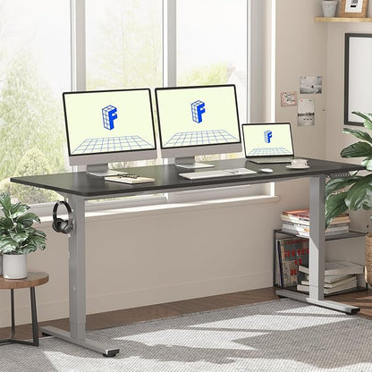 FLEXISPOT EN1 One-Piece Adjustable 60 x 24 Inches Stand Up Desk Workstation Electric Standing Desk with Seamless Desktop (Silver Frame + 60 inches Black Top, 2 Packages)