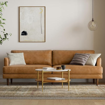 SIMPLIHOME Livingston 90-inch Wide Sofa in Sienna Top Grain Genuine Leather, Handcrafted Mid-Century Modern Couch for Living Room, Large 3-Seater with Feather-Wrapped Cushions and Solid Wood Frame