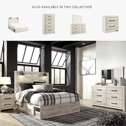 Signature Design by Ashley Cambeck Farmhouse Queen Panel Platform Bed with 2 Storage Drawers, Cubbies, Sconce Lights and USB Ports, Foundation or Box Spring Not Needed, Whitewash
