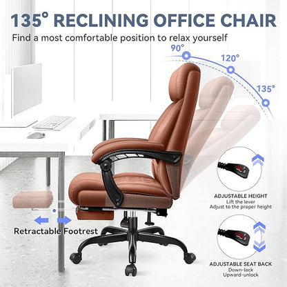 Big and Tall Executive Leather Reclining Office Chair with Footrest and Lumbar Support