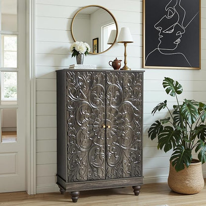 Sideboard Buffet Cabinet with Storage, Kitchen Storage Cabinet with Adjustable Shelves and 2 Doors, Vintage Accent Table for Living Room, Hallway (Grey)