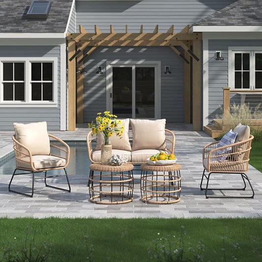 Barton 5-Pieces Outdoor Patio Sets Space Saving Rattan Chairs with 2-Side-Table Patio Sofa Sets Cushioned Seating and Back Set (Beige)