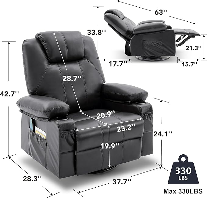 Oversized Swivel Rocker Recliner Sofa Chair with Heat and Massage, 360 Degree Swivel Single Sofa with Cup Holders and USB Port, Big Recliner Sofa Chair for Living Room(Leather, Smoky Black)