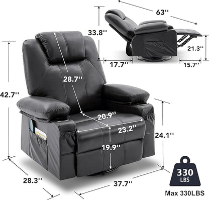 Oversized Swivel Rocker Recliner Sofa Chair with Heat and Massage, 360 Degree Swivel Single Sofa with Cup Holders and USB Port, Big Recliner Sofa Chair for Living Room(Leather, Smoky Black)