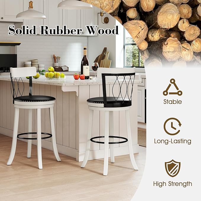 COSTWAY Bar Stools Set of 4, 30‘’ Seat Height Swivel Barstools with Ergonomic Backrest, Soft Cushion & Footrest, Rubber Wood Bar Height Bar Chairs Upholstered Dining Chairs for Kitchen Island
