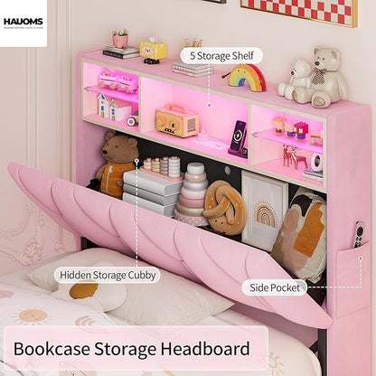 Twin Bed Frames with Storage Headboard,Power Outlet, LED Lights,Velvet Upholstered Platform Bed Twin for Kids, Pink Bed Frame with 5 Storage Shelves for Girls, No Box Spring Needed, Pink