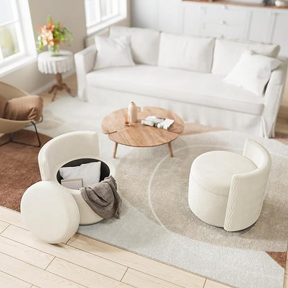360° Swivel Accent Chair with Storage, Vanity Stool with Back, Velvet Storage Ottoman, Upholstered Round Barrel Vanity Chair for Living Room, Makeup Room, Bedroom (Off White)
