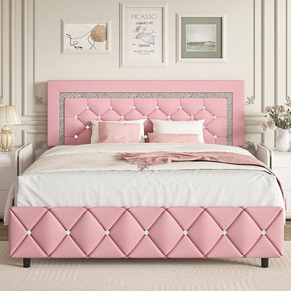 BarnFurin Full Size Bed Frame, Upholstered Platform Bed with Button Tufted Headboard, Princess Bed Frame with Diamond Design, No Box Spring Required, Easy Assembly, Pink