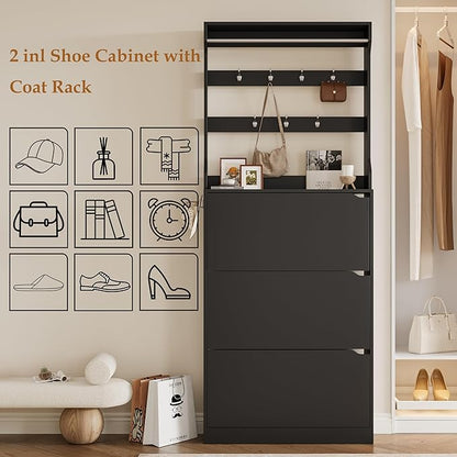 Tall Shoe Cabinet with Coat Rack, Hidden Shoe Storage Cabinet with Doors & Drawer, Hanging Bar & Hooks, Slim Narrow Freestanding Shoe Rack Organizer for Entryway, Hallway & Living Room, Black
