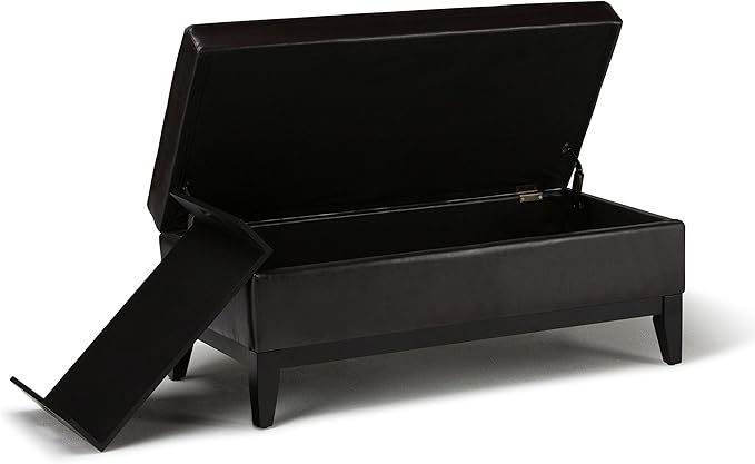 SIMPLIHOME Oregon 42 inch Wide Contemporary Rectangle Storage Ottoman Bench with Tray in Tanners Brown Vegan Faux Leather, Assembled, For the Living Room, Entryway and Family Room